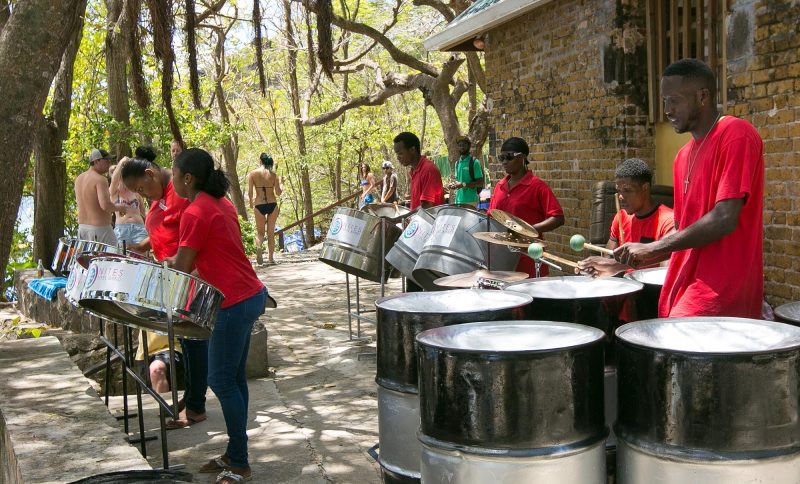 A steel band performs during a Windstar beach barbecue in St. Lucia.