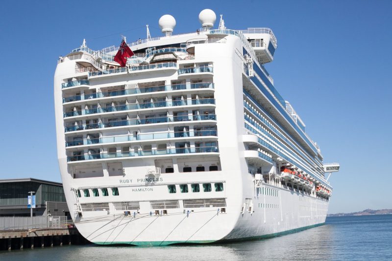 The stern of Ruby Princess, docked at the cruise terminal in San Francisco.