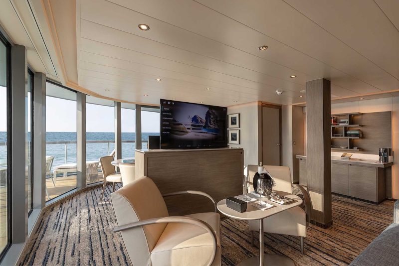 Relax in comfort and style in the Grand Suite of Silver Origin from Silversea. 