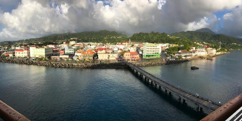 The port and waterfront of Roseau, Dominica, taken with an iPhone 7's panorama filter.